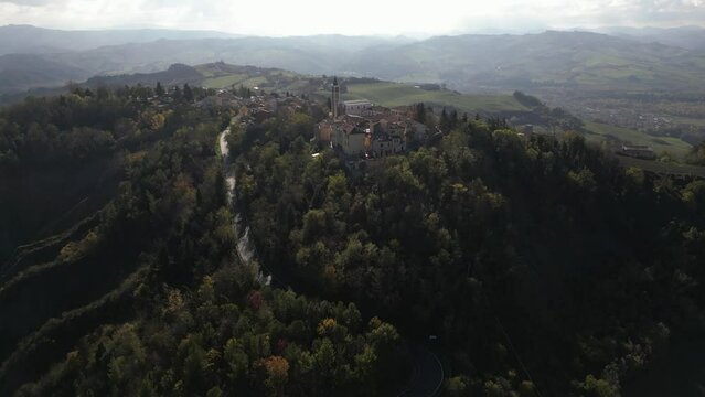 High-angle view of the medieval village of Montecchio in the province of Pesaro Urbino Marche.