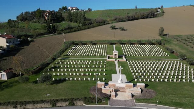 High-angle view of English war cemetery in Montecchio Pesaro Urbino Marche region of Italy.