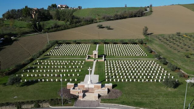 High-angle view of English war cemetery in Montecchio Pesaro Urbino Marche region of Italy.