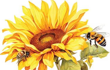 A sunflower is next to a bee on a white background.