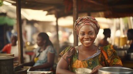 Portrait of an African woman near a city market. Generative AI