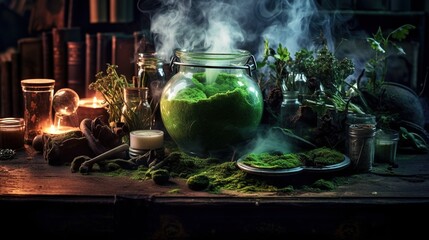  a table topped with a glass jar filled with green stuff.  generative ai
