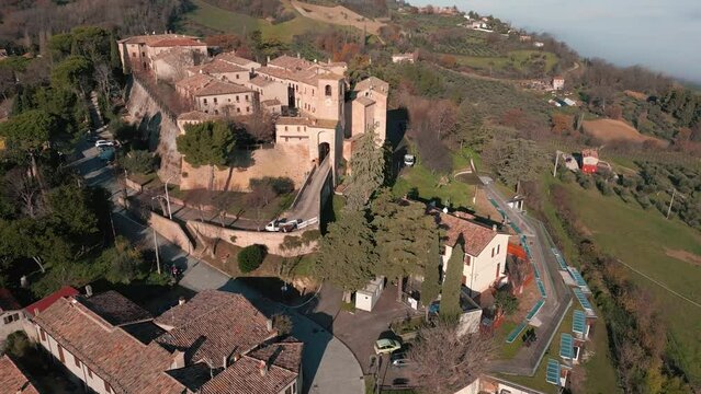 Aerial of the beautiful old buildings of Montecatini Terme in Italy with hills in the background