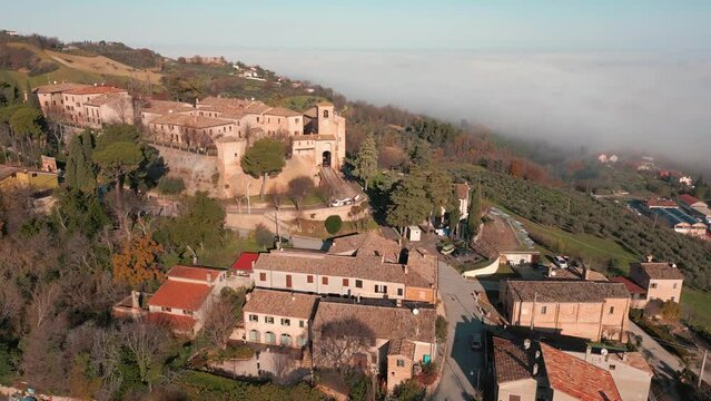 Aerial of the beautiful old buildings of Montecatini Terme in Italy with hills in the background