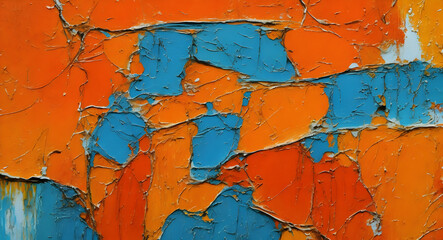 Close-Up of Abstract Art Painting Texture, Featuring Contrasting Orange and Blue Hues, Expressively Crafted with Oil Brushstrokes and Palette Knife on Canvas