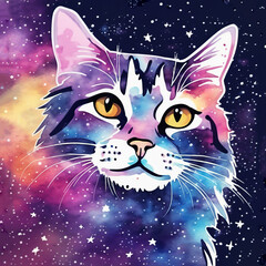 Abstract space cat with yellow eyes and stars