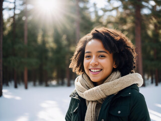 Fototapeta premium Photorealistic portrait of positive beautiful young laughing girl dressed in warm winter clothes playing with snow on the background of a snowy pine forest