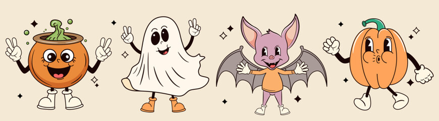 Set of grooby retro halloween characters. Vector illustration.