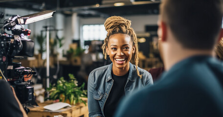 Filming interview. Behind the scene concept. Cameraman working on professional camera taking film interviewer interview celebrity people making news. digital ai	