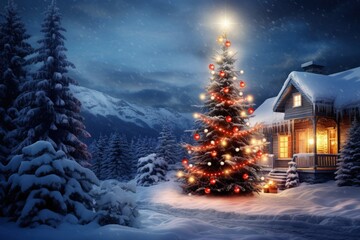 Christmas scene with house and Christmas tree in snowy night, Christmas night, Generative AI
