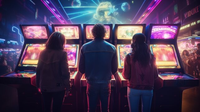 Young people in front of several arcade machines in the 1980s, Generative AI