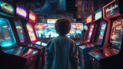 Boy in front of several arcade machines, Old arcade with neon lights, Generative AI