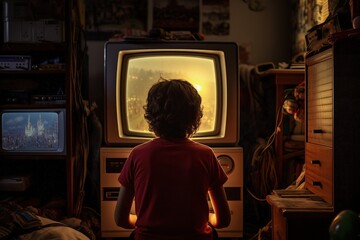 Boy playing old video game in bedroom, Boy from back playing video game on TV, Generative AI	