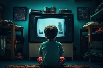 Boy playing old video game in bedroom, Boy from back playing video game on TV, Generative AI	 - obrazy, fototapety, plakaty