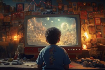 Boy playing old video game in bedroom, Boy from back playing video game on TV, Generative AI	 - obrazy, fototapety, plakaty