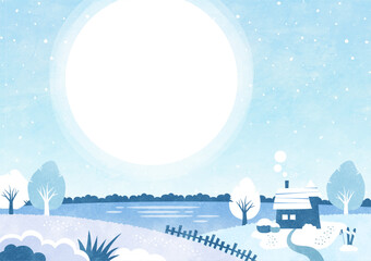 冬の夜空に輝く月と雪景色の風景 水辺の家と自然の水彩背景イラスト