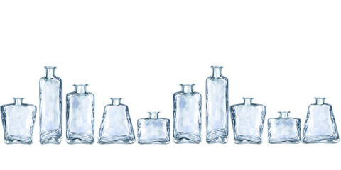 Seamless banner of watercolor empty glass vintage bottles for perfume and elixirs in fantasy games, in the alchemy laboratory, for magic potions Elements isolated on white background © el_suhova