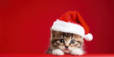 Cat in Santa Claus hat on red background with copy space, Generative AI