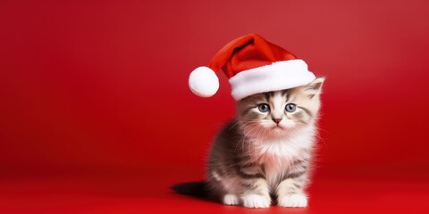 Cat in Santa Claus hat on red background with copy space, Generative AI