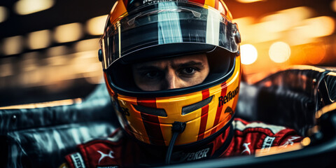 Racer's Perspective: Driving Car on the Track with Helmet - obrazy, fototapety, plakaty