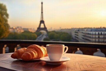 
Cup of coffee and croissant on the table in Paris coffee shop with the Eiffel Tower in the background, Generative AI