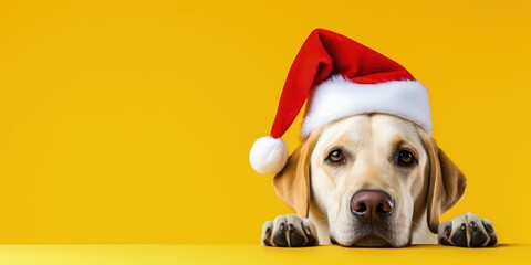 Dog with santa claus hat isolated on yellow background, little dog with red hat, Generative AI