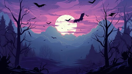 Fototapeta premium Black and purple landscape of gloomy forest with bats in full moon, Generative AI