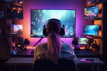 Fototapeta na wymiar Gamer girl playing on computer, Generative AI 