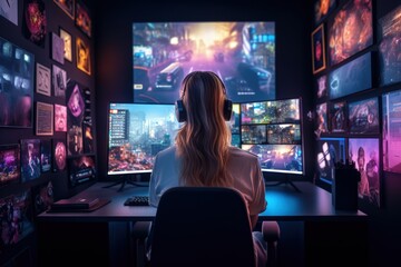 Gamer girl playing on computer, Generative AI
