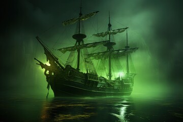 Ghost pirate ship sailing through green fog, Generative AI
