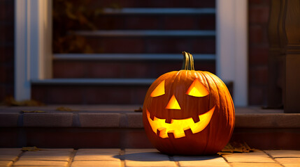 Spooky Halloween Jack O Lantern. Carved pumpkin with light. Shallow field of view.