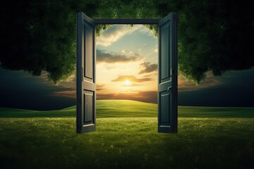 Open green door in plain with grass, isolated open door in green field, Generative AI