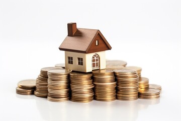 Miniature house with stack of coins on white background, real estate market concept, Generative AI