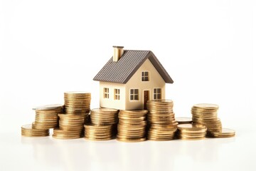Miniature house with stack of coins on white background, real estate market concept, Generative AI