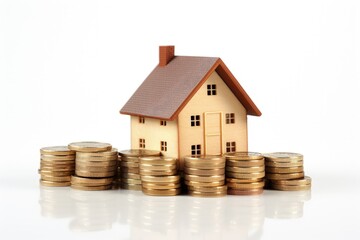 Miniature house with stack of coins on white background, real estate market concept, Generative AI