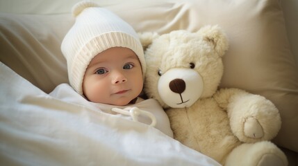 Cute baby in white clothes lying in bed with a teddy bear plushie
