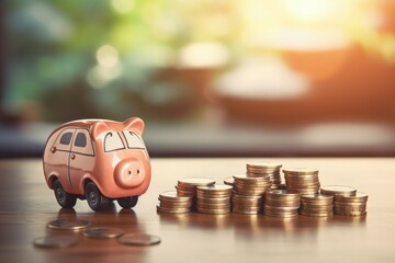 Piggy bank, miniature car and stack of coins on top of table with blurred background, car market concept, Generative AI - obrazy, fototapety, plakaty