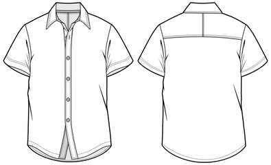 Men's Short sleeves casual shirt flat sketch illustration with front and back view, Woven shirt drawing vector template mock up