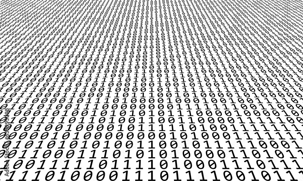 Poster Abstract background with zeros and ones numbers. Perspective view to horizon. Black digits on a white background.