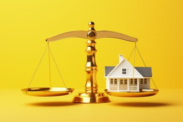 Scale with house miniature on yellow background, real estate market concept, Generative AI
