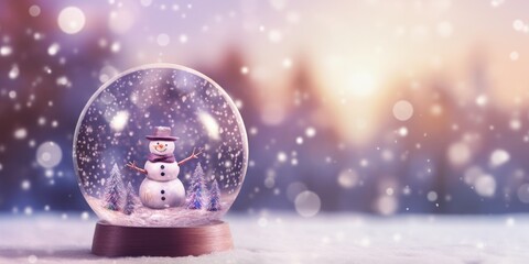 Fototapeta na wymiar Snow globe with snowman inside and background with blurred Christmas lights, Generative AI