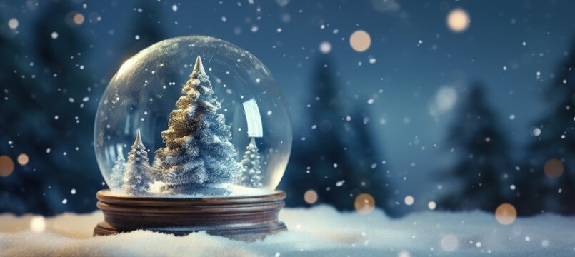 Snow globe with pine tree inside on snowy ground and blurred pine trees in the background, Generative AI
