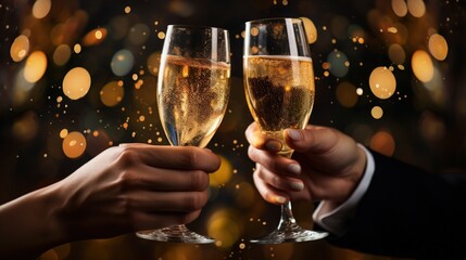 Two people toasting champagne glasses on New Year's Eve with blurred lights in the background, Generative AI
