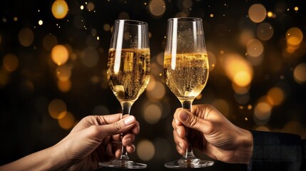 Two people toasting champagne glasses on New Year's Eve with blurred lights in the background, Generative AI
