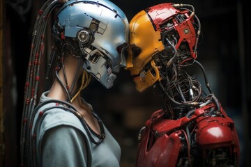 Fototapeta premium Couple of humanoid robots touching each other by the head, Generative AI