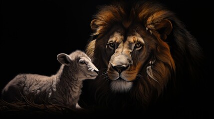 Lion and lamb on black background, Jesus the lamb and the lion, Generative AI