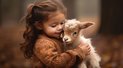 Baby girl hugging a baby goat in the forest
