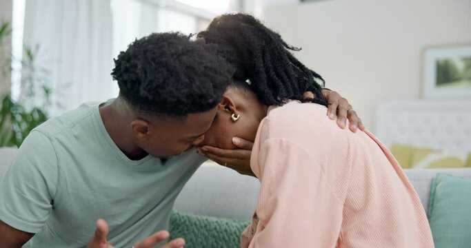 Hug, crying and black couple with love and comfort for sad feeling by partner with anxiety, stress and worry. Together, care and people with grief in a relationship and partner help with empathy