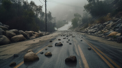 Fototapeta premium Rainy road rockslide blocking traffic lane on Santa Susana Pass Road in the Chatsworth area of Los Angeles, California.