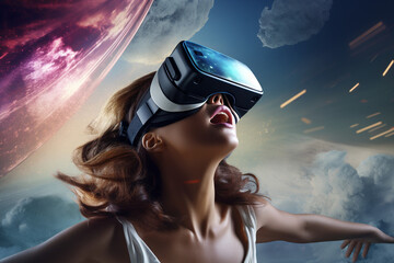 woman wearing virtual reality headset, metaverse commercial style visual